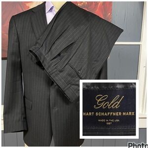 Hart Schaffner Marx Suit Mens 46L Long Wool Cuffed Pleated‎ 33x32 Dark Charcoal